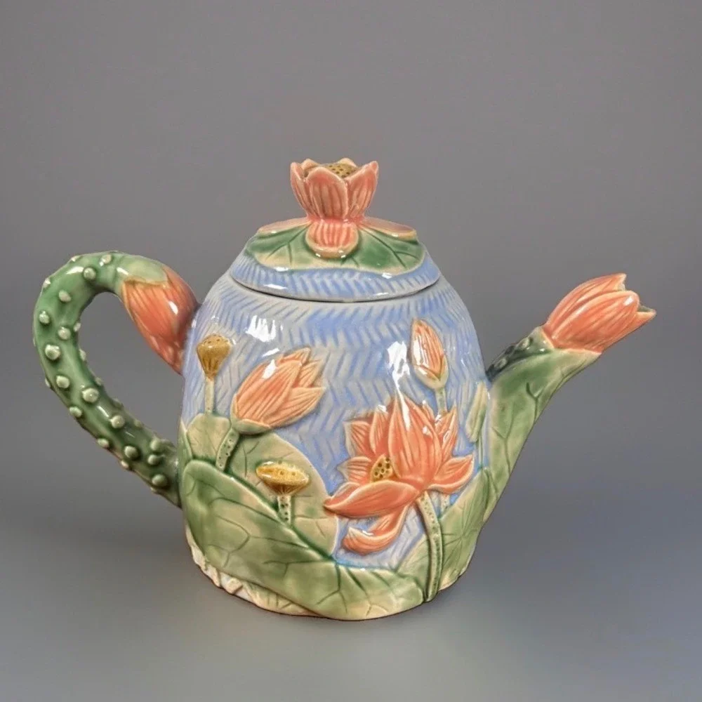 Henriksen Imports Lotus Flower Ceramic Teapot Pink Blue Majolica Style Floral